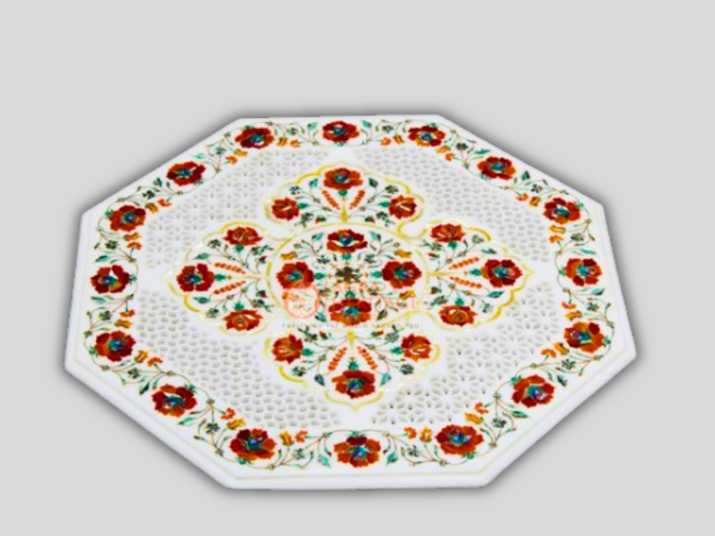 White Marble Carnelian Floral Inlaid Side Coffee Table Top Decor